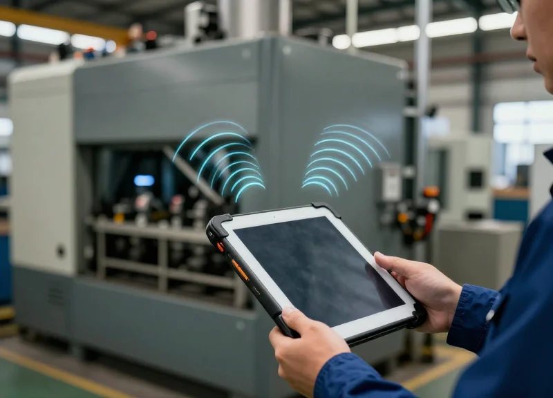 A technician holding a mobile device near industrial machinery, illustrating signal stability in a complex environment.