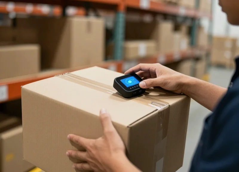 A warehouse worker using both hands to lift a box while a wearable device on their wrist scans it.