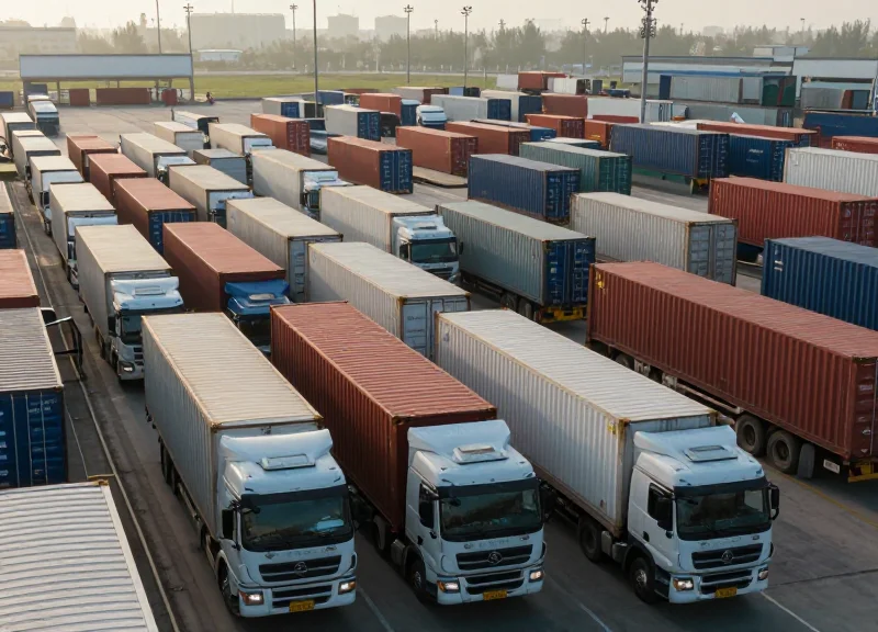 A crowded logistics yard with long lines of semi-trucks waiting to be processed under hazy morning light.