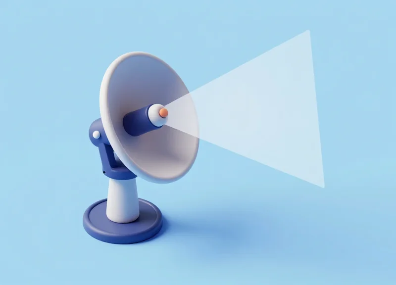 A 3D isometric model of an antenna emitting a focused narrow beam of light onto a specific target area.