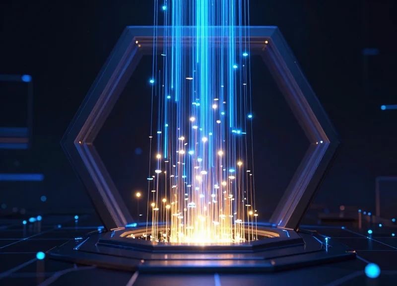 Abstract glowing data streams moving rapidly through a digital gateway, symbolizing increased speed and throughput.