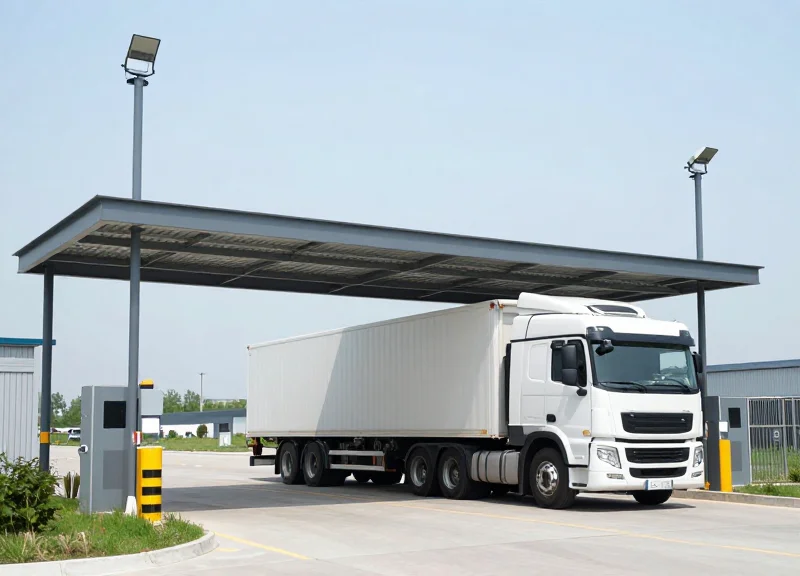 A large cargo truck passing through an automated RFID entry gate at a shipping port.