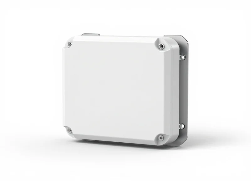 A close-up of a rugged, weather-resistant industrial RFID antenna on a pure white background.