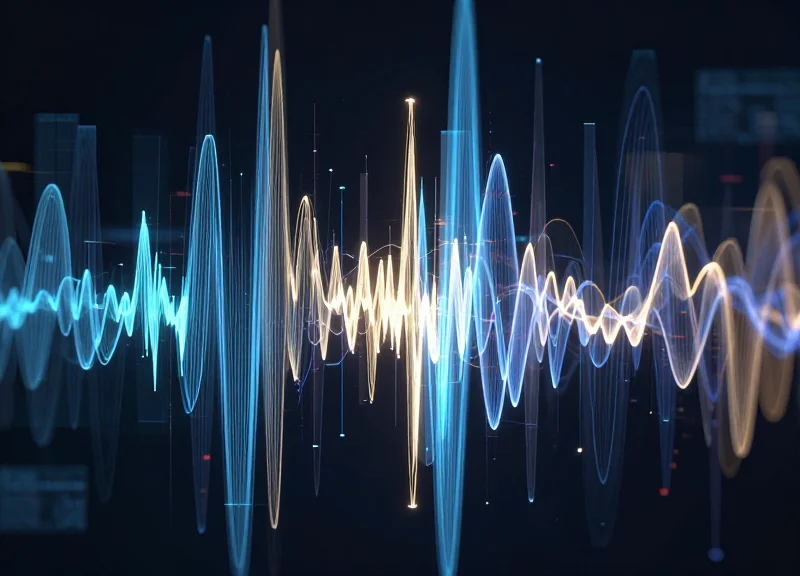 Abstract visualization of overlapping RFID signal waves causing interference in a high-density warehouse environment.