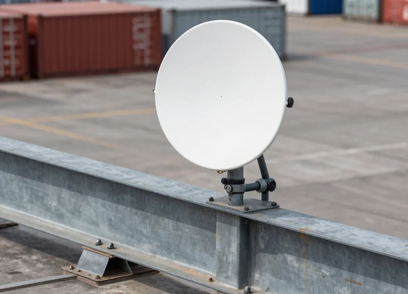 An industrial RFID antenna mounted on a steel beam in a dusty shipping dock environment.