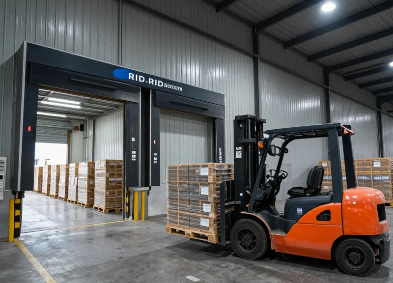Long-range RFID reader scanning items in a large warehouse
