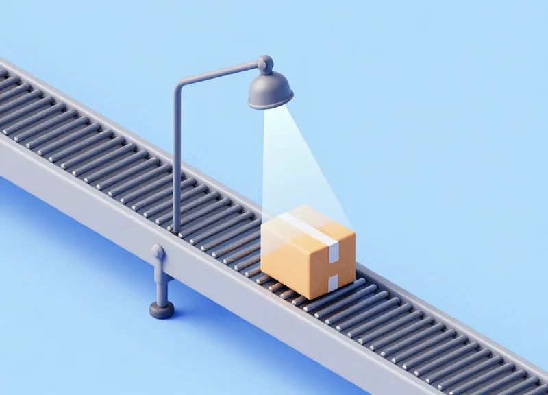 Isometric 3D model showing an RFID antenna emitting a focused narrow beam onto a specific package on a conveyor.