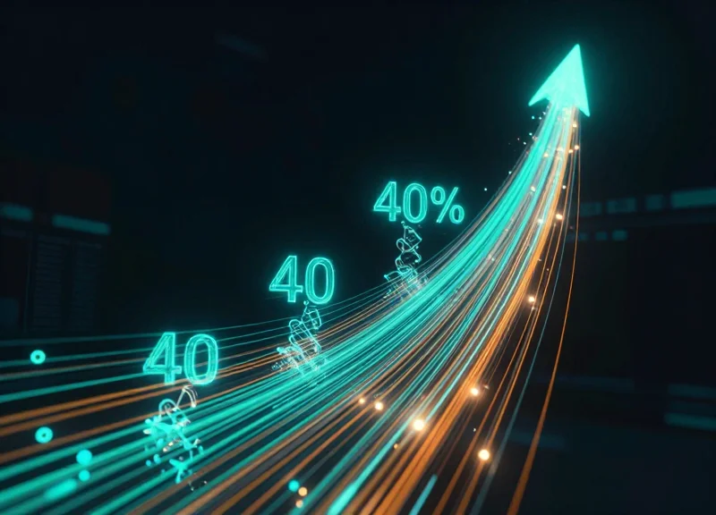 Abstract visualization of efficiency data with glowing upward trending light trails.