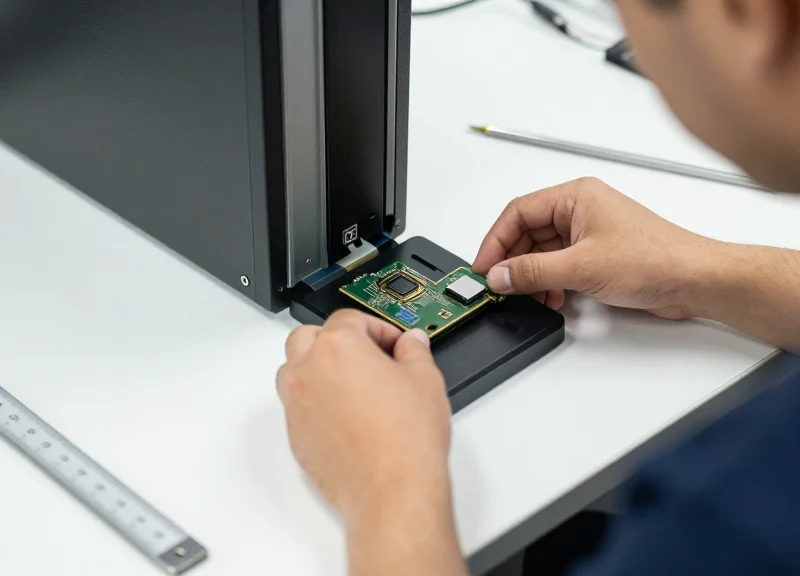 Technician's hands performing precision adjustments on electronic hardware