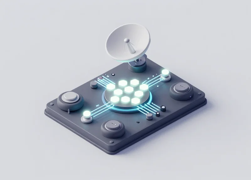 Isometric 3D model of a phased array antenna module with glowing hexagonal components.