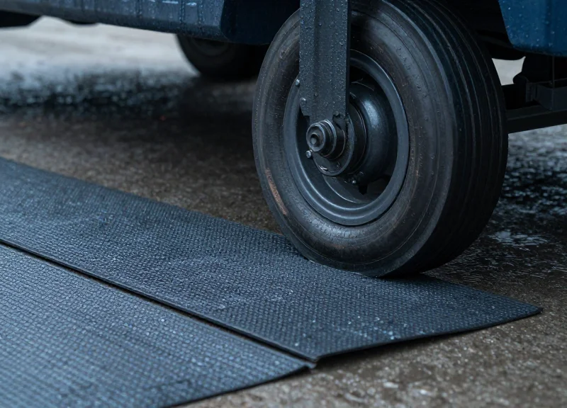 Extreme durability testing of an RFID floor mat with a heavy load crossing over it in wet conditions.