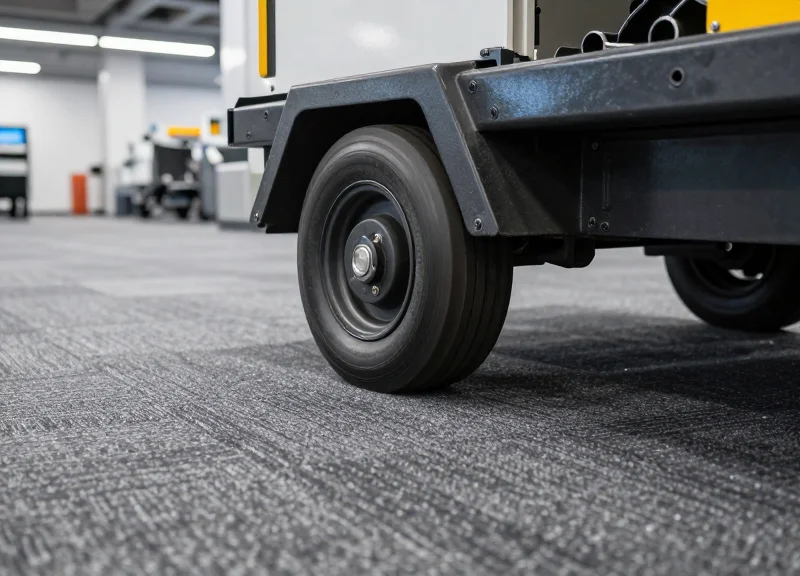 An industrial cart wheel rolling over a carpeted floor, demonstrating heavy load bearing.