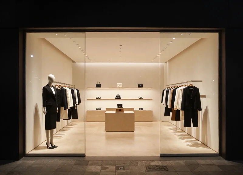 A high-end luxury fashion boutique entrance with a completely open doorway, no security pedestals visible, modern architectural lighting.