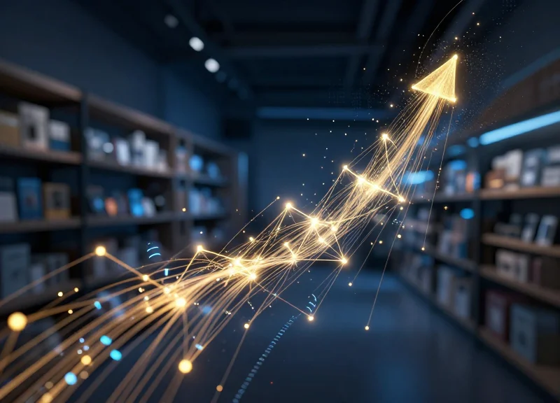 Abstract visualization of data streams and connectivity in a smart retail environment.