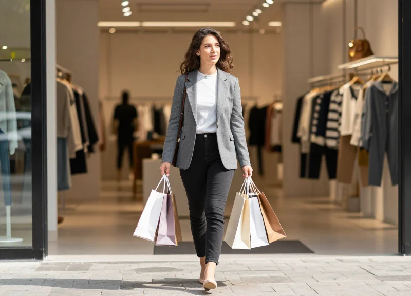A stylish customer carrying shopping bags walking through a wide open store exit without any security barriers.