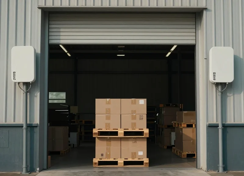 A warehouse dock door fitted with linear RFID antennas for high-precision tracking.