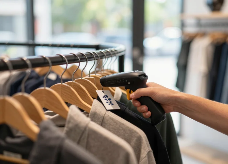 Retail employee using a handheld RFID scanner with a circular antenna for inventory.