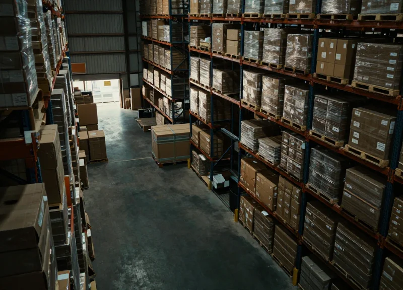 A vast modern warehouse with high-density shelving and complex stacked pallets under dim lighting