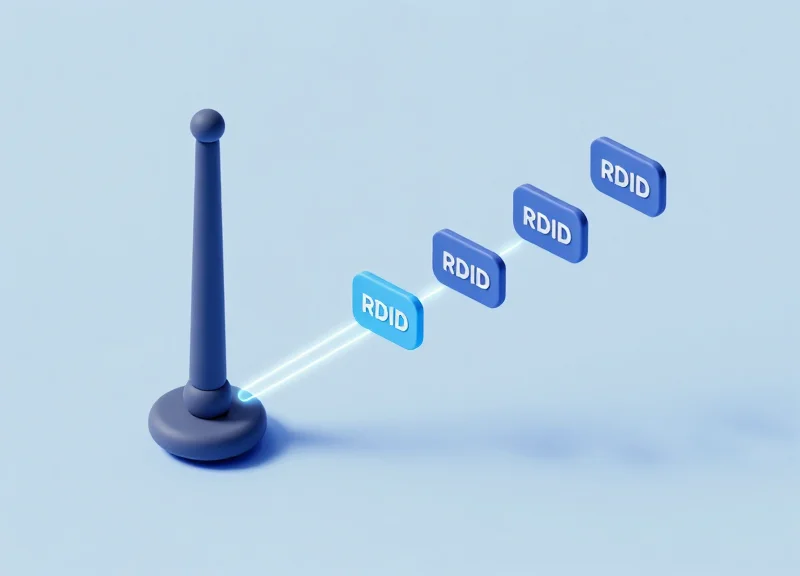Isometric 3D model showing a reader antenna interacting with multiple RFID tags at various orientations.
