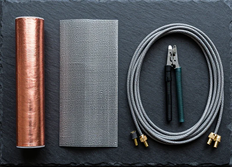 Top-down view of electromagnetic shielding materials, grounding cables, and installation tools neatly arranged.