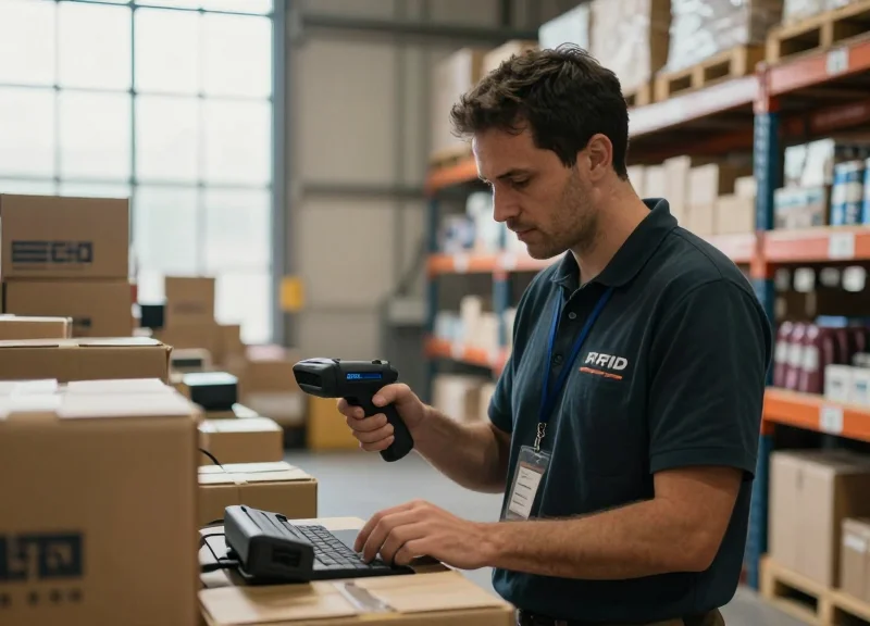 A professional warehouse worker scanning inventory items using high-performance RFID antennas in a modern setting.