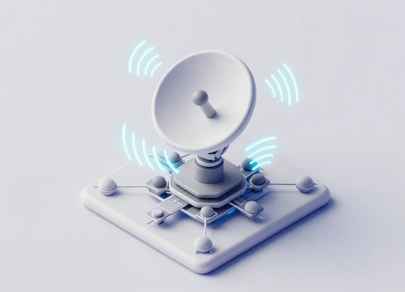 Isometric 3D illustration of a next-generation polarization-agile antenna system with glowing signal modules