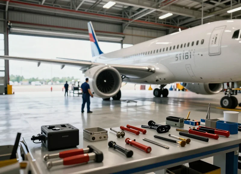 A wide shot of a professional aircraft maintenance hangar with various industrial tools laid out on a clean workbench and technicians working in the background.