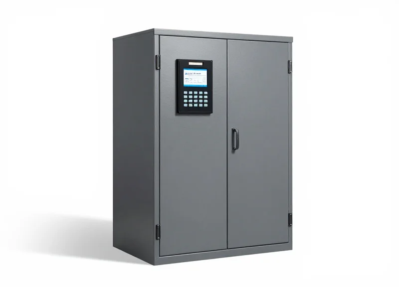A heavy-duty industrial RFID smart tool cabinet with a sleek metallic grey finish, presented at a 45-degree angle on a white background.