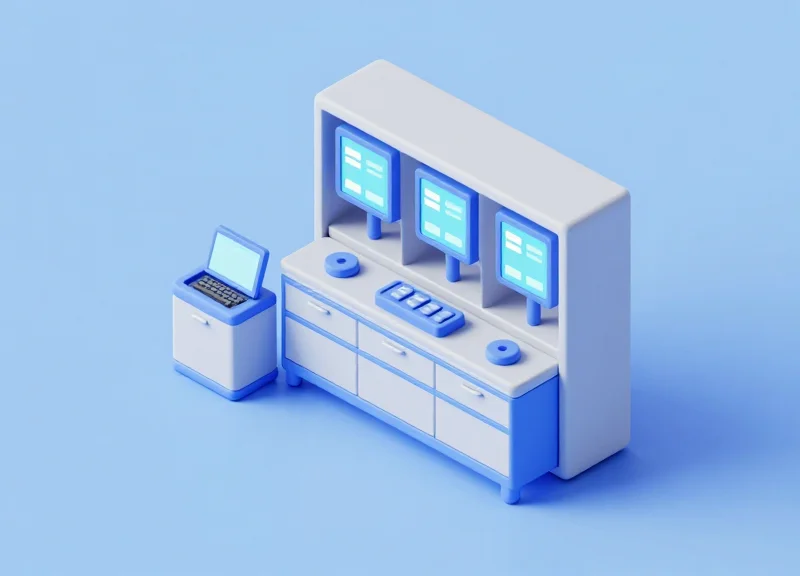 An isometric 3D model of an organized industrial inventory system with smart cabinets and floating data modules.