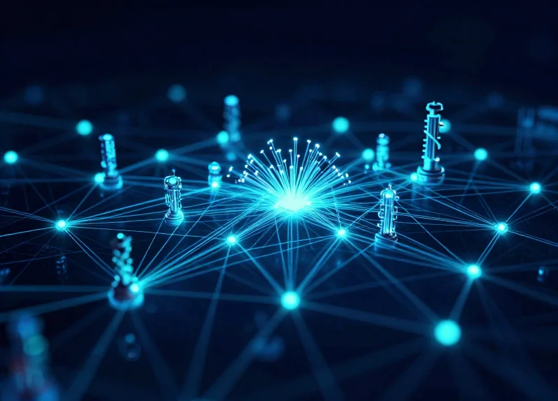 A futuristic digital network showing connected nodes representing IoT and ERP integration.