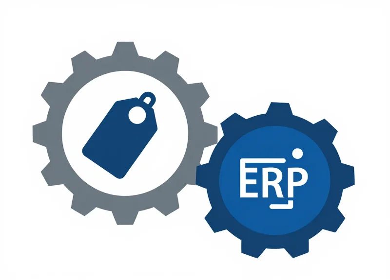 A flat vector illustration showing the integration of physical hardware gears with a digital cloud icon, representing RFID-ERP convergence.