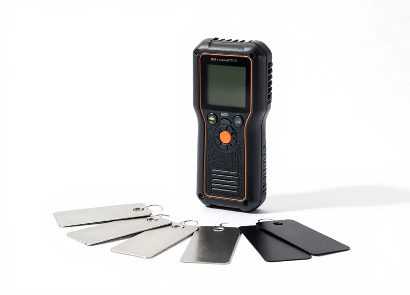 High-resolution studio photograph of a rugged industrial RFID reader and various RFID tags on a white background.