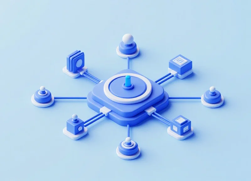 Isometric 3D model of a central middleware hub processing data packets from multiple external sensors.