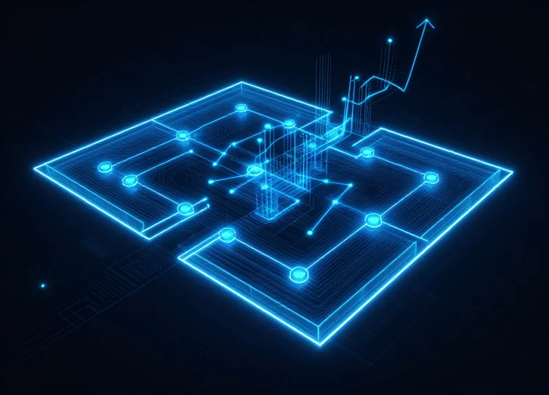 Abstract digital visualization of a warehouse layout with glowing neon perimeters representing geofencing security.