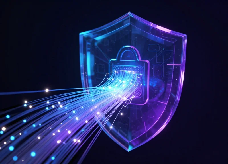 Conceptual visualization of encrypted data streams flowing through a protective shield representing transmission security.