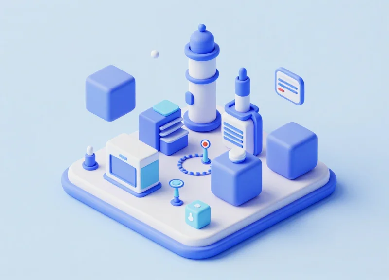 An isometric 3D view of a smart factory equipped with IoT sensors and electronic shelf labels.