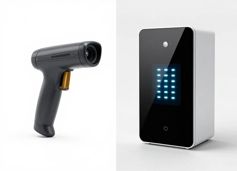 A visual comparison between a traditional barcode handheld scanner and a modern automated RFID detection system.