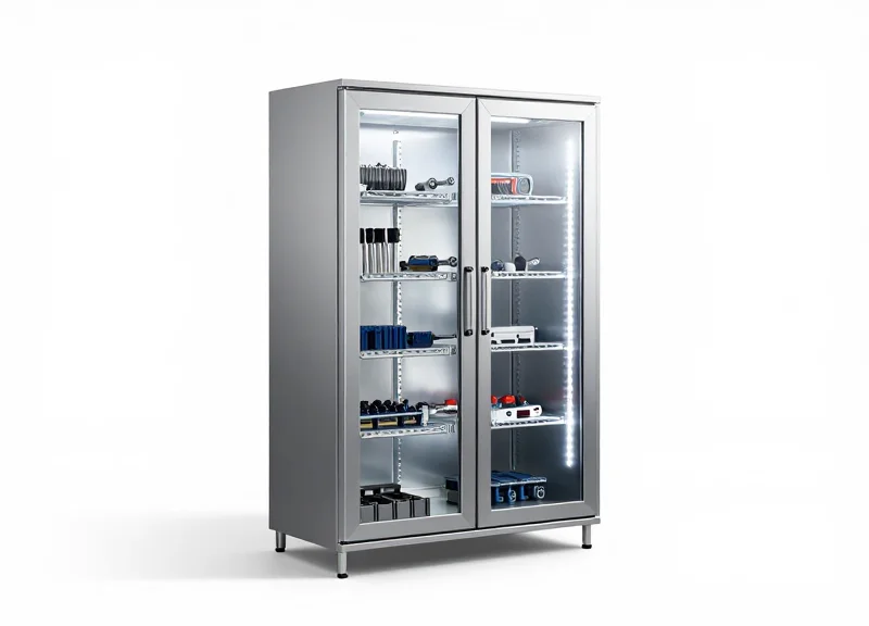 A sleek, industrial RFID smart cabinet with glass panels and metallic finish on a clean background.