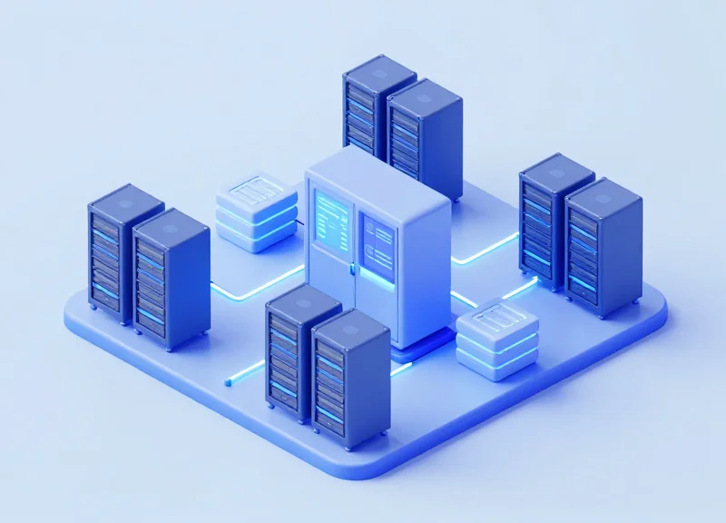 Isometric 3D view of an RFID cabinet connected to a network of digital data nodes representing ERP integration.