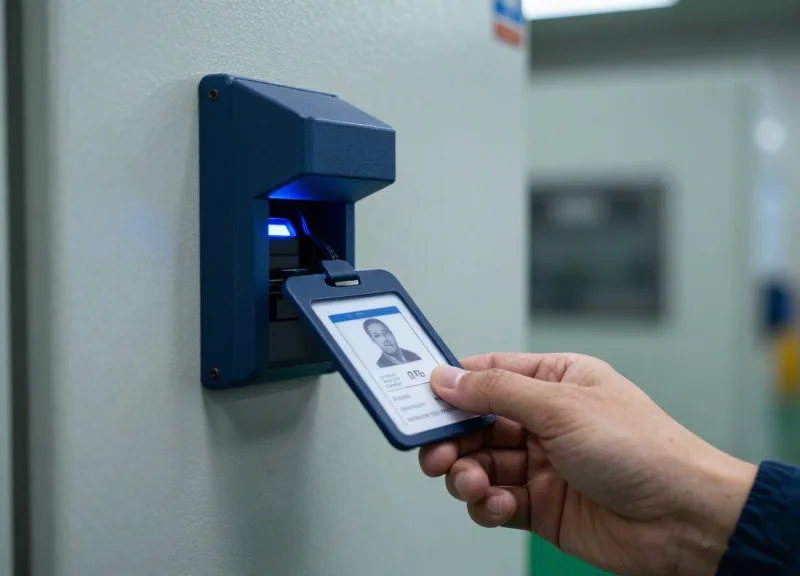 A close-up of a worker using a secure ID card to unlock a high-tech smart cabinet in a factory.