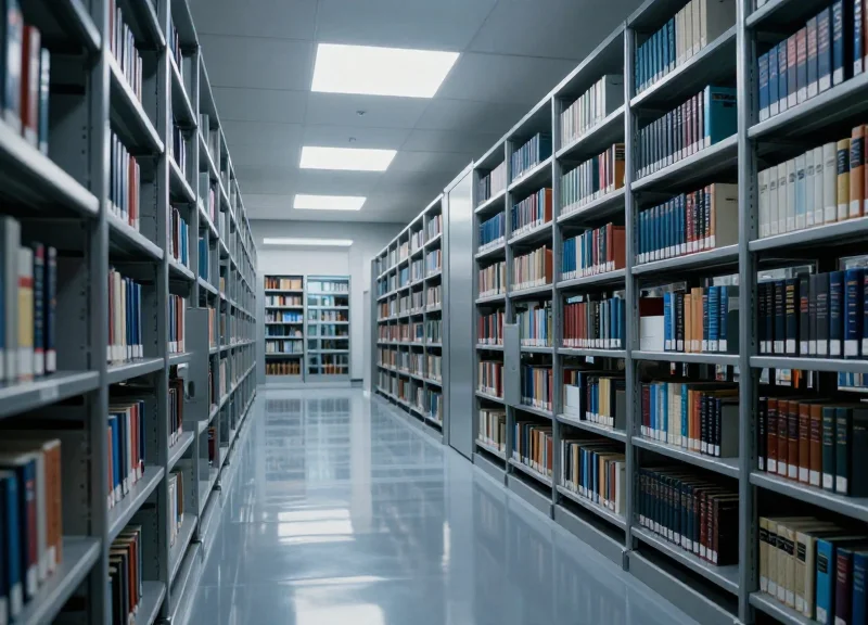A modern government archive facility with sleek high-tech smart shelves and clean lighting