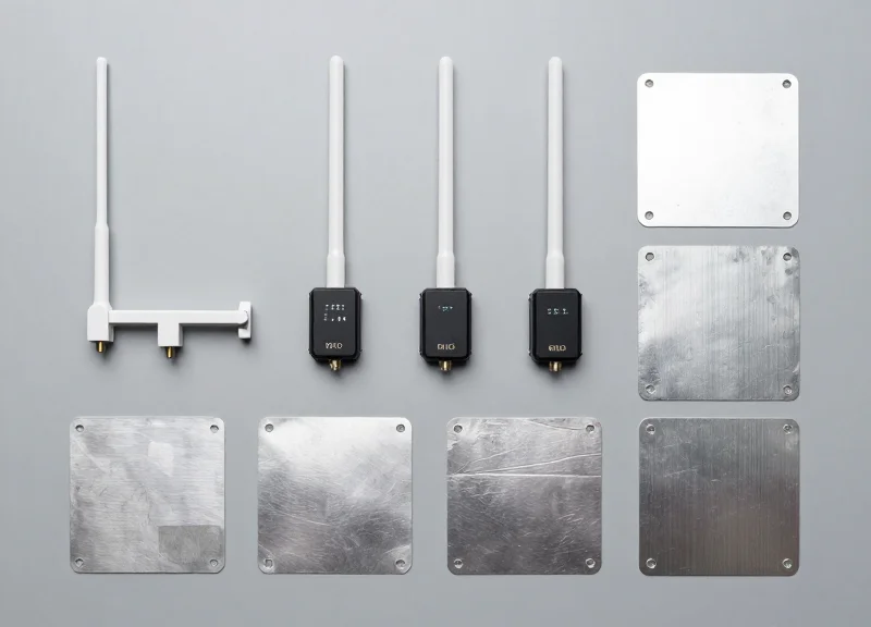 A collection of RFID shelf components including sensors and antenna modules neatly arranged