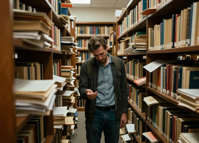 A librarian in a traditional library aisle surrounded by overwhelming stacks of unorganized paper documents and books, suggesting a manual audit crisis.