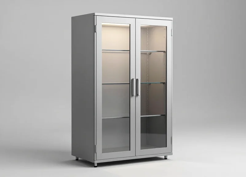A modern, high-tech smart RFID document storage cabinet with metallic finish and glass doors.