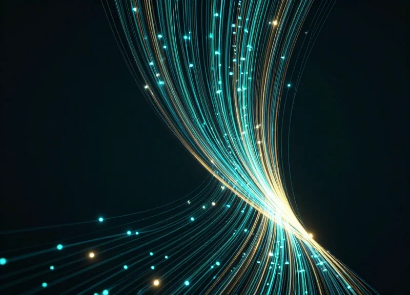 Abstract data visualization showing a sharp downward trending light path representing labor efficiency.