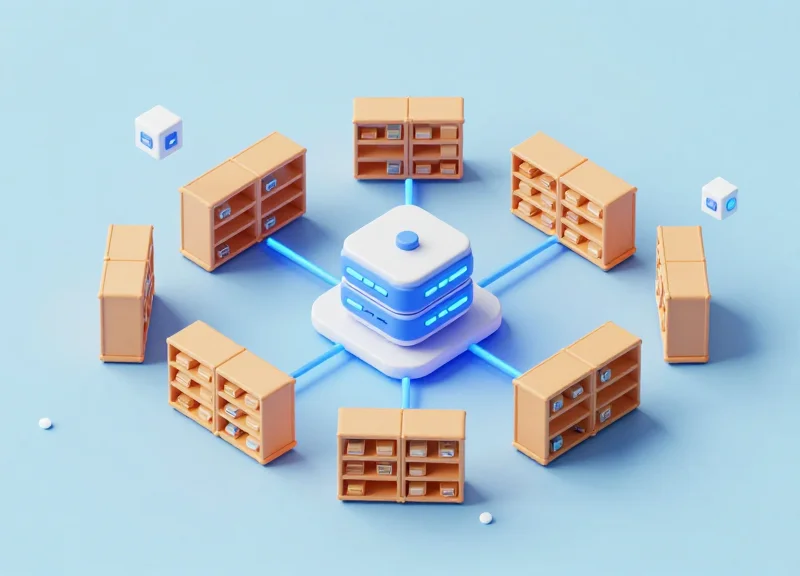 Isometric 3D illustration showing the connection between a library shelf and a central digital network system.