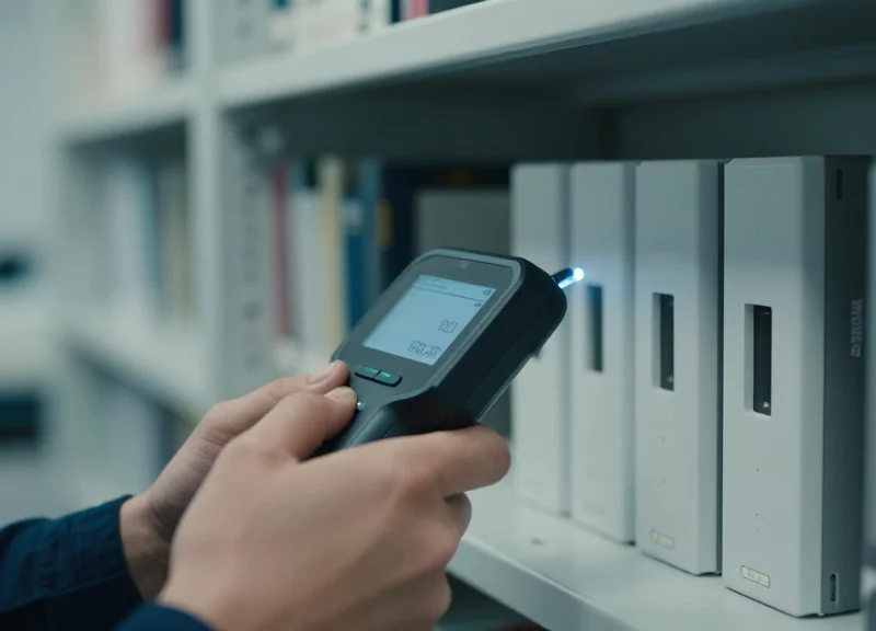 A technician performing accuracy tests on a smart shelf in a laboratory.
