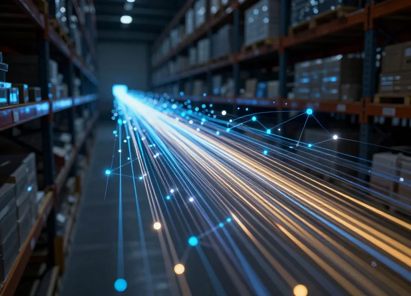 Futuristic abstract data flow representing hyper-automation in a 2026 logistics environment with glowing nodes and light trails.