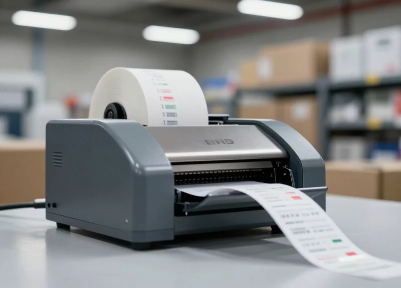 High-speed industrial RFID printer operating in a modern logistics center with motion blur on moving labels.