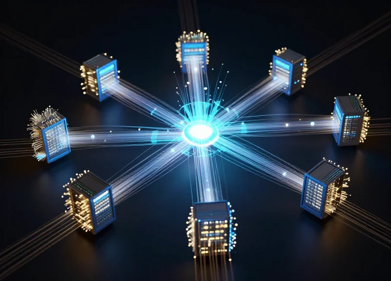 Abstract visualization of real-time data synchronization between RFID tags and a central database.